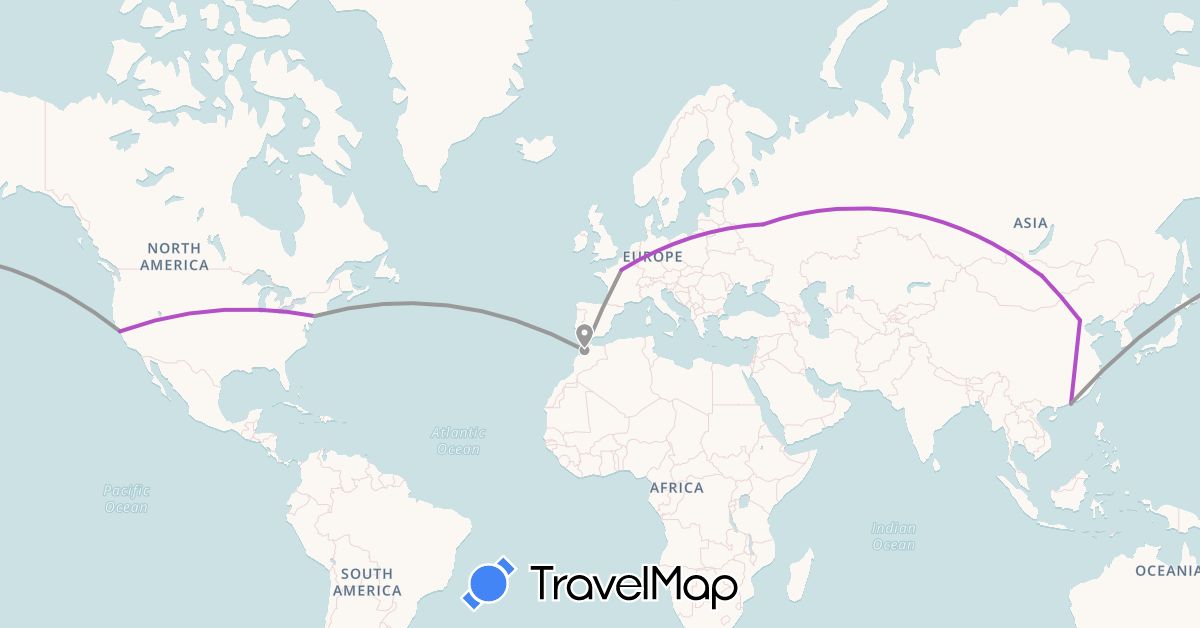 TravelMap itinerary: driving, plane, train in China, France, Hong Kong, Morocco, Mongolia, Russia, United States (Africa, Asia, Europe, North America)